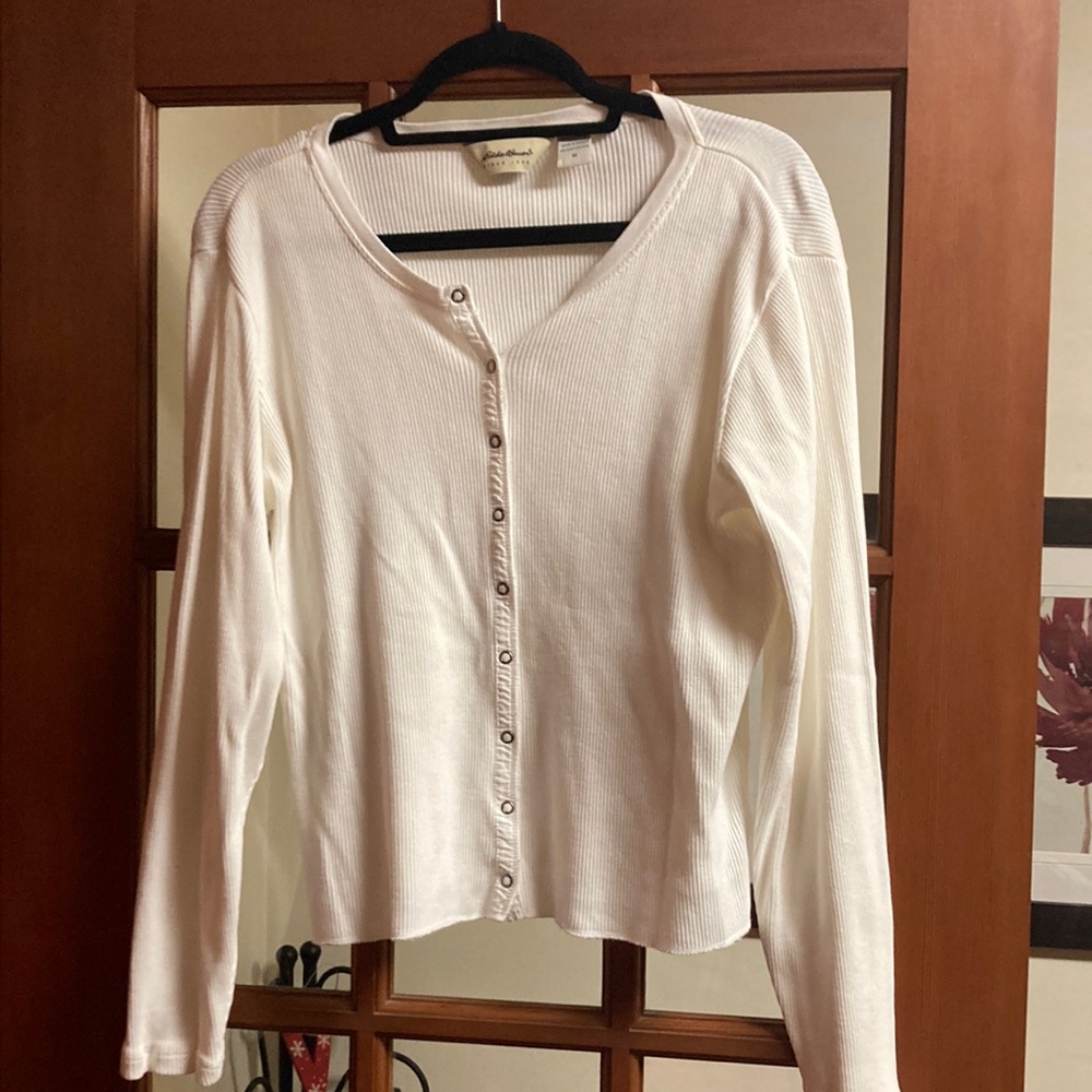 Eddie Bauer white snap front cardigan.